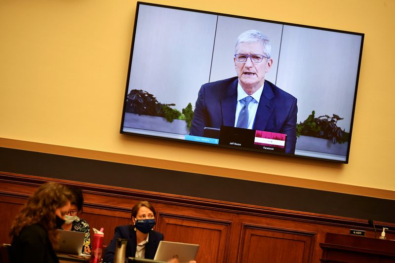 &copy; Reuters. FILE PHOTO: Apple CEO Tim Cook testifies before the House Judiciary Subcommittee on Antitrust, Commercial and Administrative Law on &quot;Online Platforms and Market Power&quot;, in the Rayburn House office Building on Capitol Hill