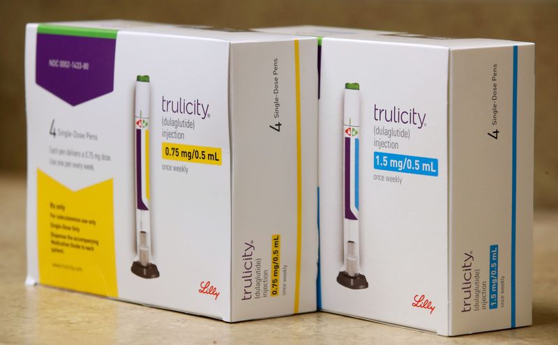 © Reuters. FILE PHOTO: Boxes of the drug trulicity, made by Eli Lilly and Company, sit on a counter at a pharmacy in Provo