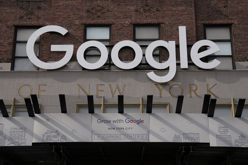 © Reuters. FILE PHOTO: A Google sign is pictured on a Google building