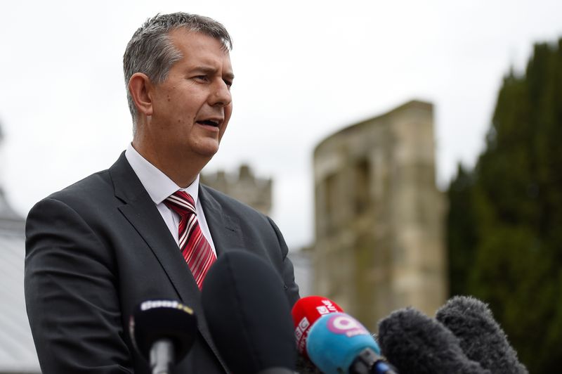 &copy; Reuters. FILE PHOTO:  Democratic Unionist Party&apos;s (DUP) Edwin Poots makes a statement to the media outside Stormont Castle in Belfast