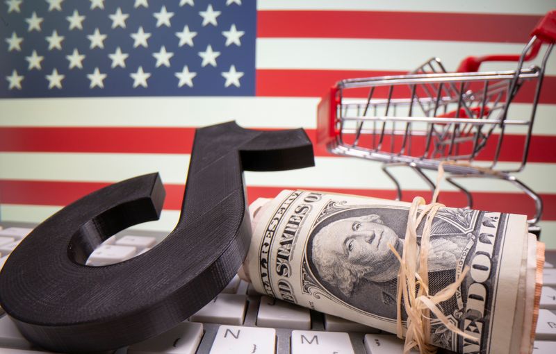 &copy; Reuters. A 3D printed Tik Tok logo, dollar banknotes, shopping cart and keyboard are seen in front of U.S. flag in this illustration