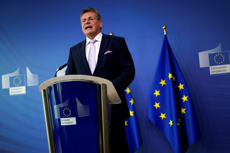 &copy; Reuters. FILE PHOTO: European Commissioner for Inter-institutional Relations and Foresight Maros Sefcovic gives a statement in Brussels
