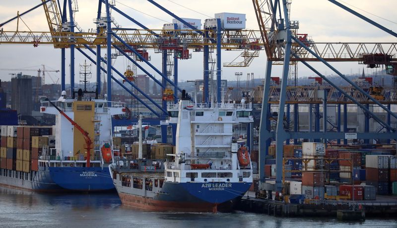 &copy; Reuters. FILE PHOTO: Container ships are berthed at the Port of Belfast