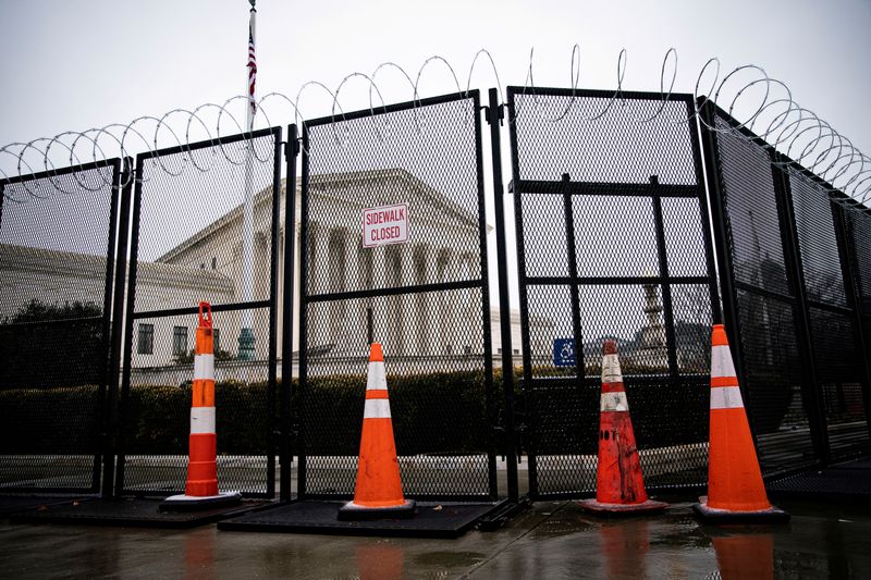 &copy; Reuters. FILE PHOTO: Barbed wire and security fencing surrounds the U.S. Supreme Court in Washington