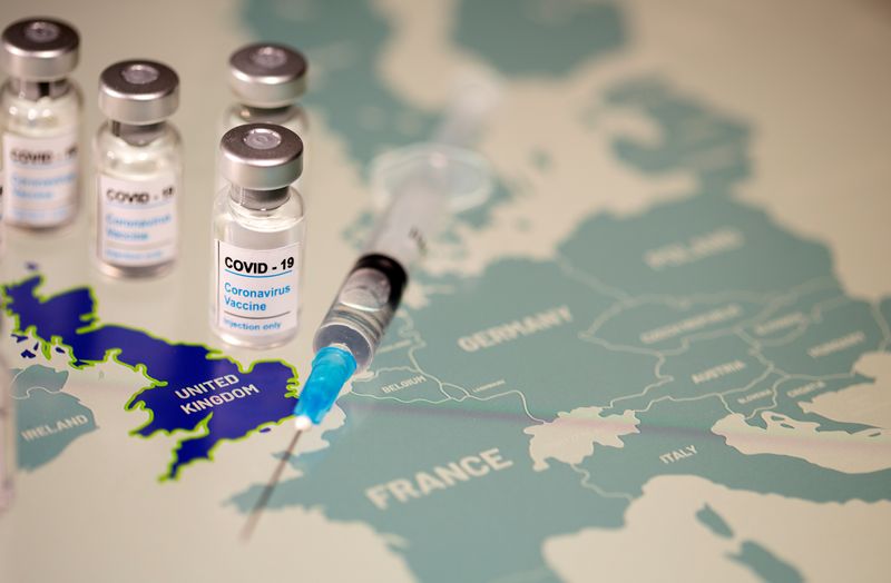 &copy; Reuters. FILE PHOTO: Vials labelled &quot;COVID-19 Coronavirus-Vaccine&quot; and medical syringe are placed on the European Union map in this picture illustration