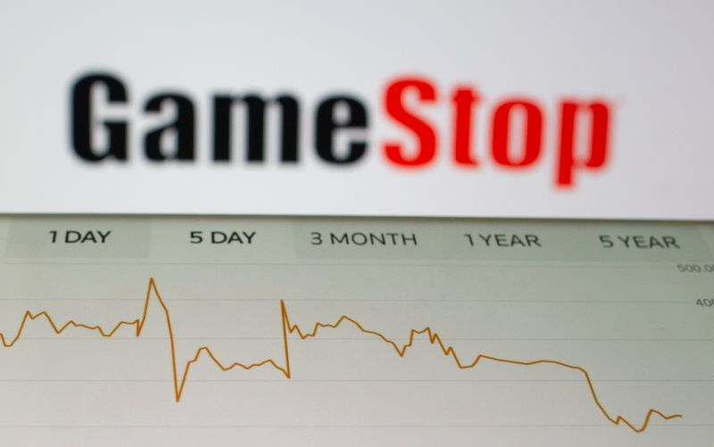 &copy; Reuters. GameStop stock graph is seen in front of the company&apos;s logo