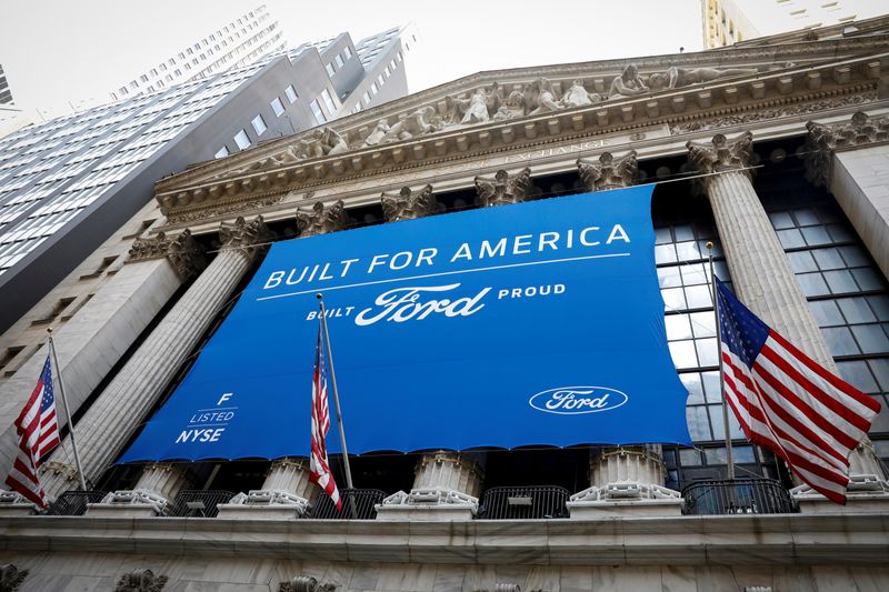 © Reuters. Ford Motor Co. banner is displayed outside NYSE in New York