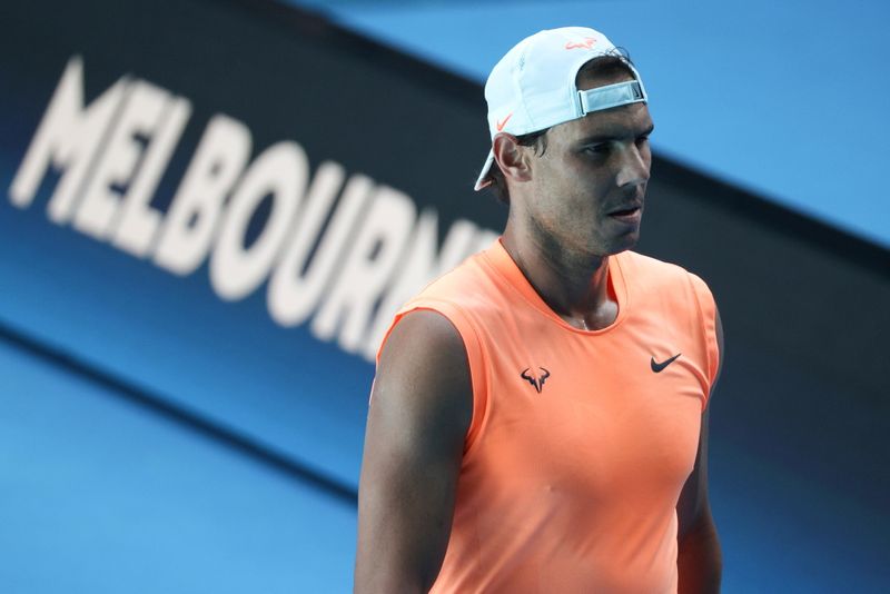 © Reuters. Spain's Rafael Nadal practices at Melbourne Park in Melbourne