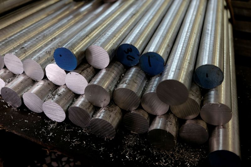 &copy; Reuters. Aluminium bar stock is seen inside a factory in Dongguan