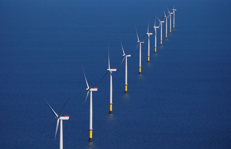 &copy; Reuters. FILE PHOTO: FILE PHOTO: General view of the Walney Extension offshore wind farm operated by Orsted off the coast of Blackpool