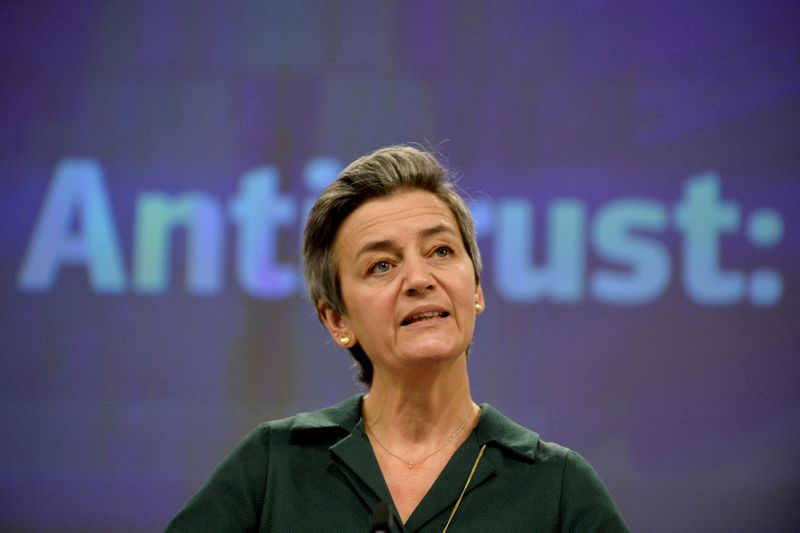 &copy; Reuters. FILE PHOTO: EU antitrust chief Margrethe Vestager gives a news conference on antitrust case at European Commission in Brussels