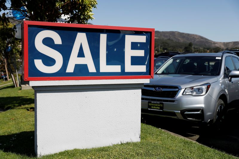 &copy; Reuters. FILE PHOTO: A sale sign is seen at car dealer Serramonte Subaru in Colma, California