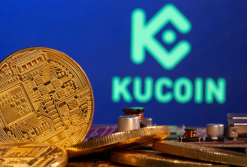 &copy; Reuters. Representations of cryptocurrency is seen in front of a Kucoin logo in this illustration