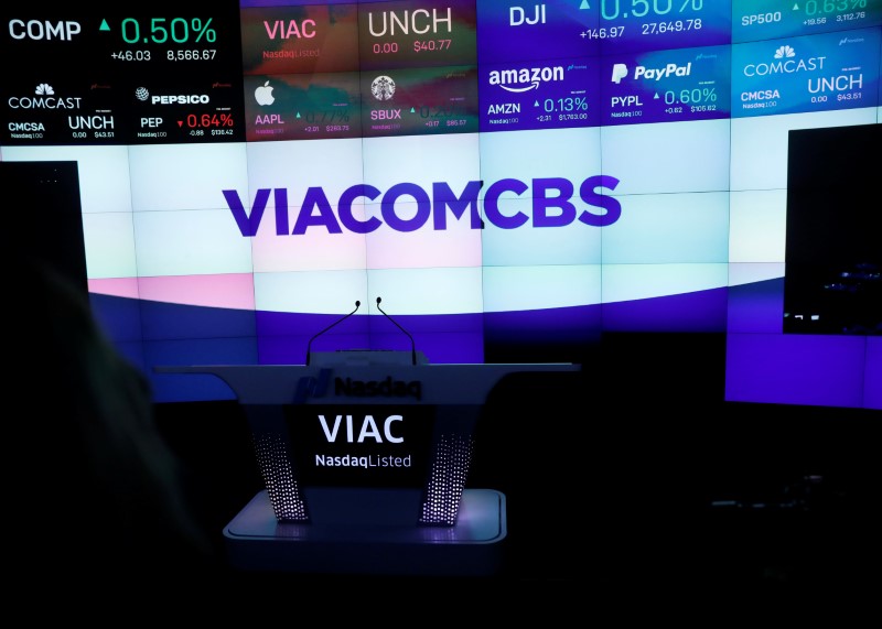 &copy; Reuters. The ViacomCBS logo is displayed at the Nasdaq MarketSite to celebrate the company&apos;s merger, in New York