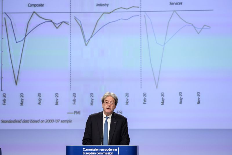 © Reuters. Press conference by economy chief Gentiloni on the bloc's winter economic forecast