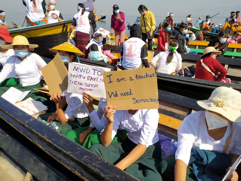 &copy; Reuters. Protest against the military coup in Inle Lake