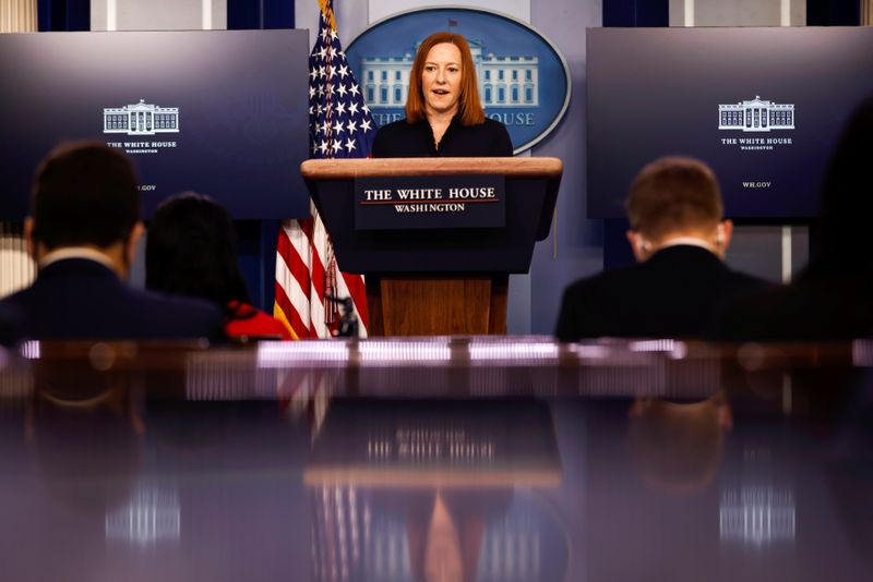 © Reuters. Secretária de imprensa da Casa Branca, Jen Psaki, durante entrevista coletiva