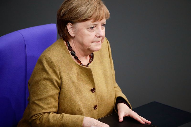 &copy; Reuters. German Chancellor Merkel speaks on government&apos;s response to COVID-19 pandemic, in Berlin