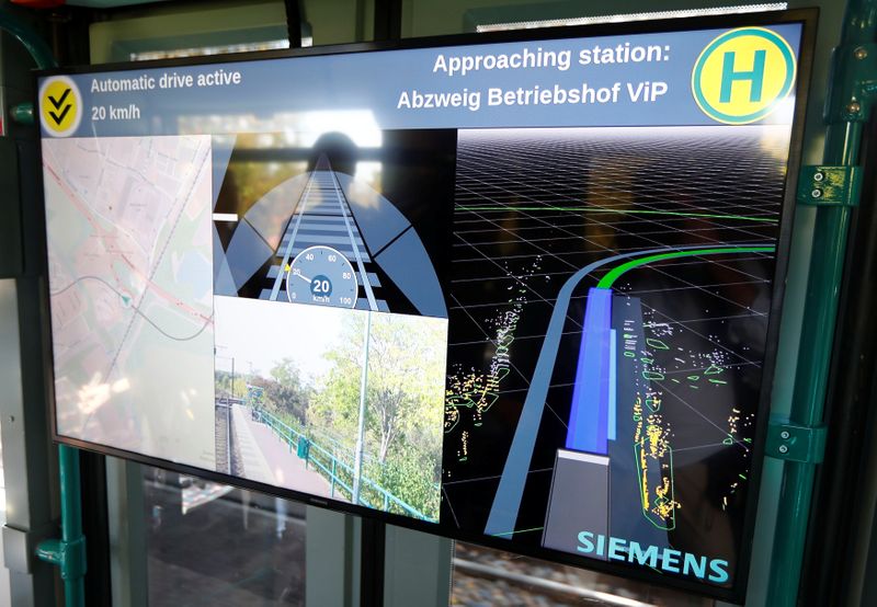 &copy; Reuters. A monitor shows technical datas as the world&apos;s first autonomous tram Combino is presented by Siemens Mobility during a media presentation in Potsdam