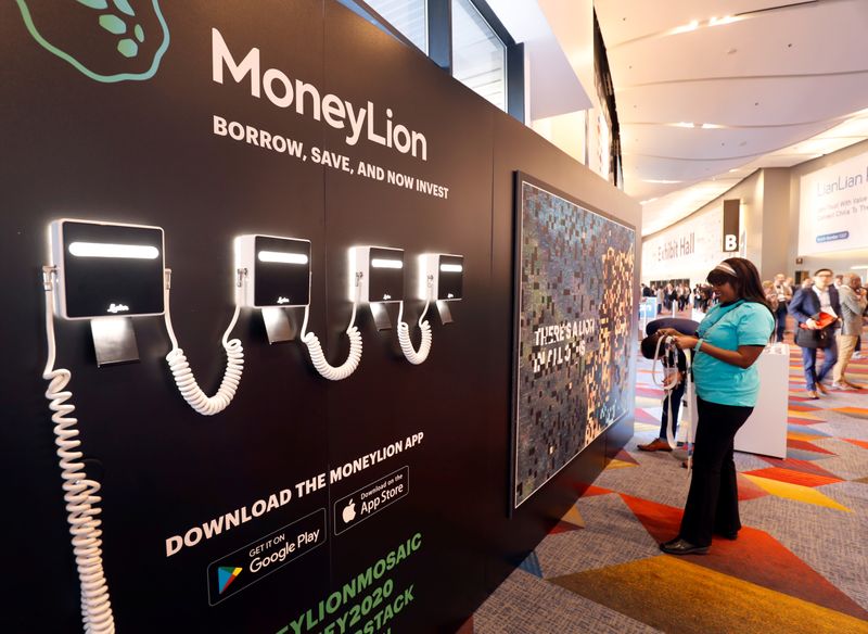 &copy; Reuters. FILE PHOTO: MoneyLion, a digital consumer finance platform, displays in the lobby of the exhibit hall during the Money 20/20 conference in Las Vegas