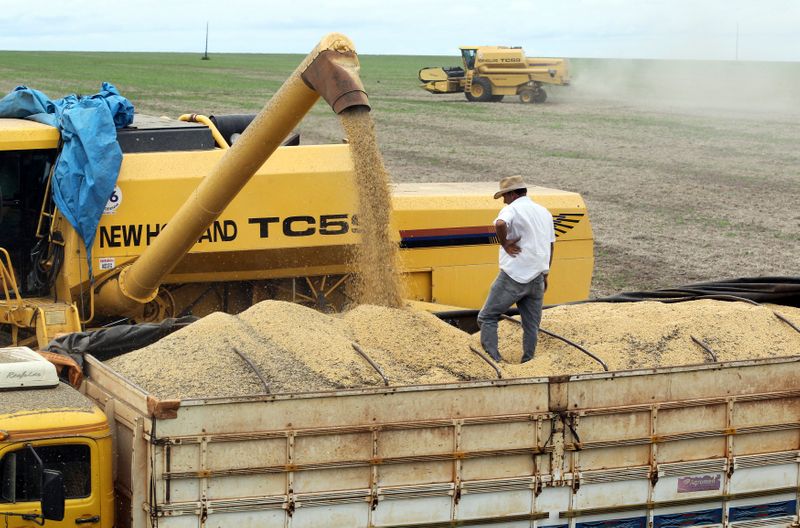 &copy; Reuters. FOTO DE ARCHIVO. Un camión hace fila para ser cargado con soja en una finca en la ciudad de Primavera do Leste, en el estado central brasileño de Mato Grosso