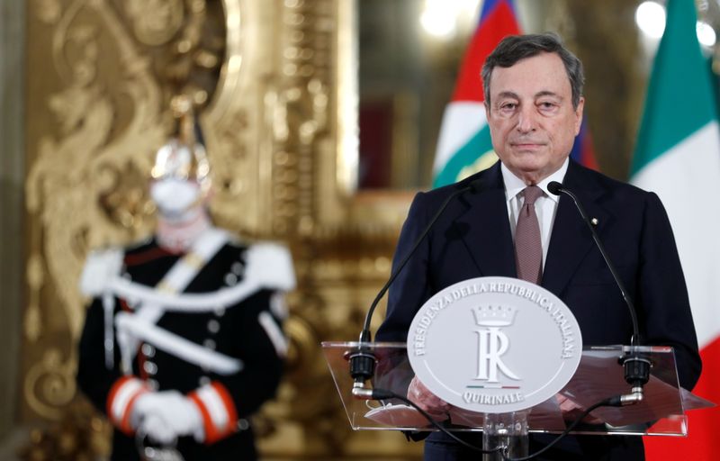 &copy; Reuters. Incoming Italian Prime Minister Mario Draghi speaks to the media after meeting with Italian President Sergio Mattarella, in Rome