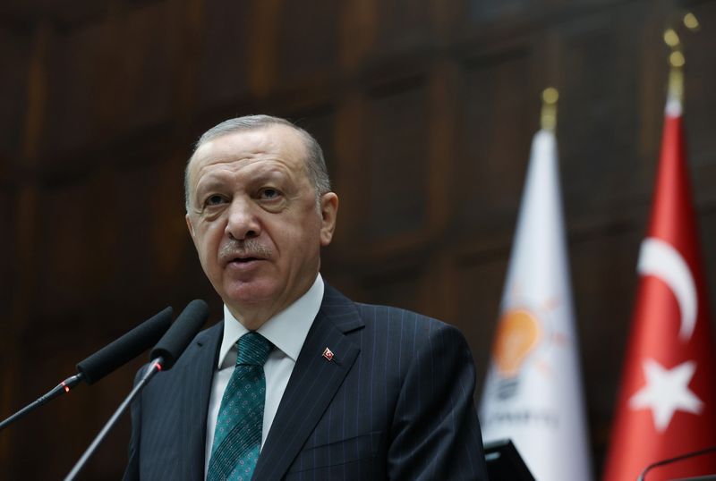 &copy; Reuters. Turkish President Tayyip Erdogan addresses members of parliament from his ruling AK Party in Ankara