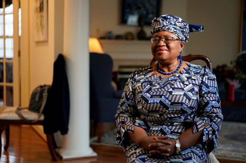 © Reuters. World Trade Organization (WTO) President Ngozi Okonjo-Iweala speaks during an interview in Potomac, Maryland.