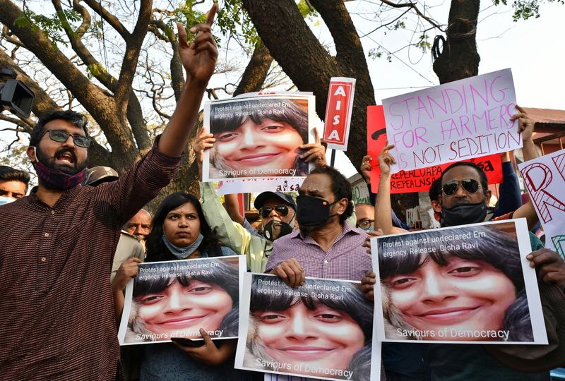 &copy; Reuters. Protest against the arrest of climate activist Disha Ravi, in Bengaluru