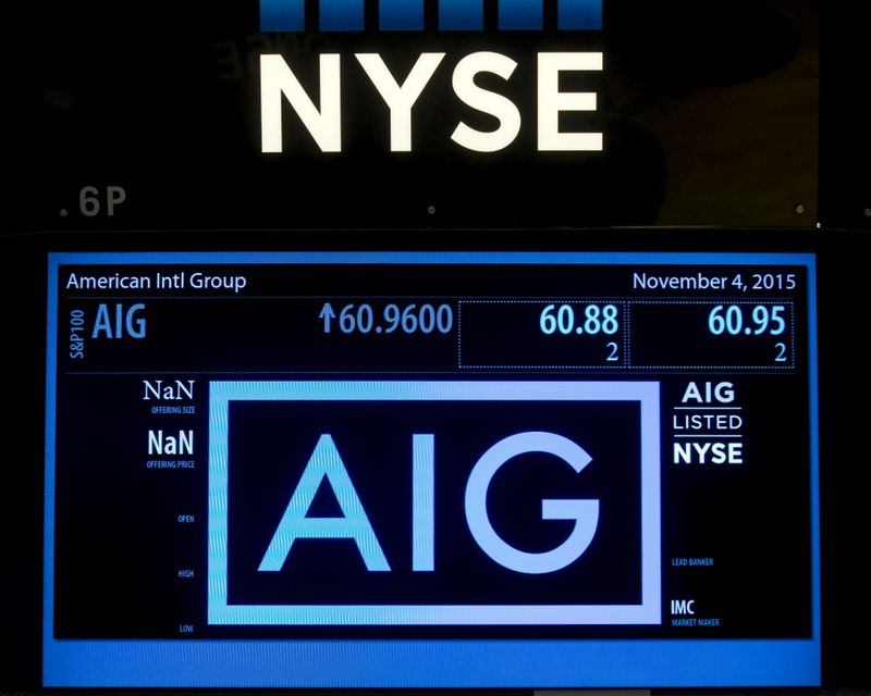 &copy; Reuters. The ticker information for insurance company American International Group Inc., (AIG) is displayed on a screen above the post where it is traded on the floor of the New York Stock Exchange