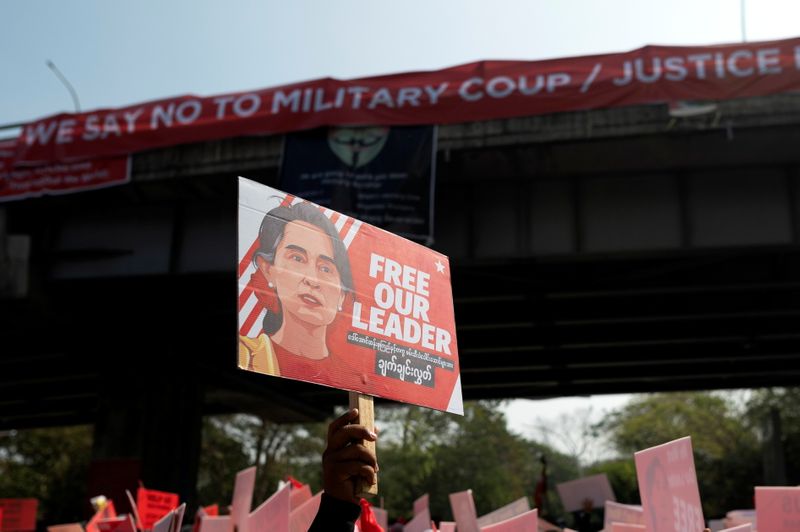 &copy; Reuters. People take part in a protest against the military coup in Yangon, Myanmar