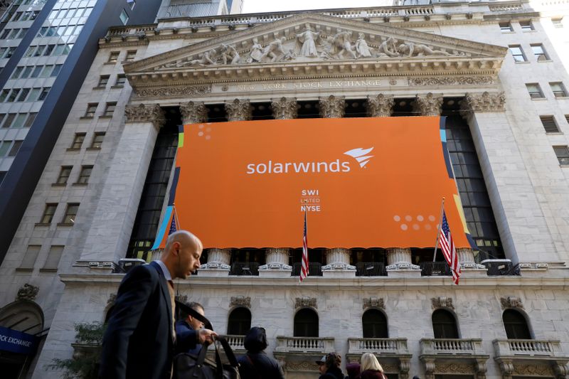 &copy; Reuters. FILE PHOTO: SolarWinds Corp. banner hangs on the company&apos;s IPO at the NYSE in New York