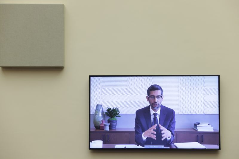 &copy; Reuters. Google CEO Sundar Pichai speaks via video conference before the House Judiciary Subcommittee on Antitrust, Commercial and Administrative Law on &quot;Online Platforms and Market Power&quot; on Capitol Hill