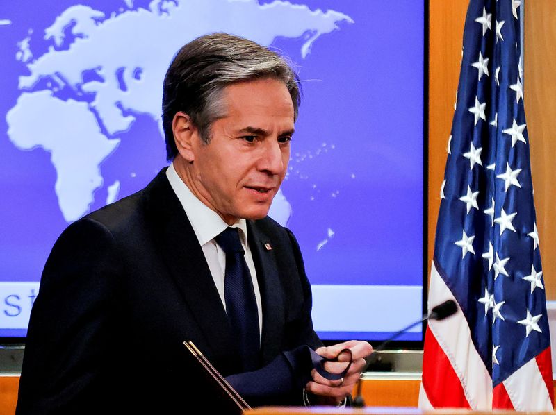 © Reuters. FILE PHOTO: U.S. Secretary of State Antony Blinken begins his first press briefing at the State Department in Washington