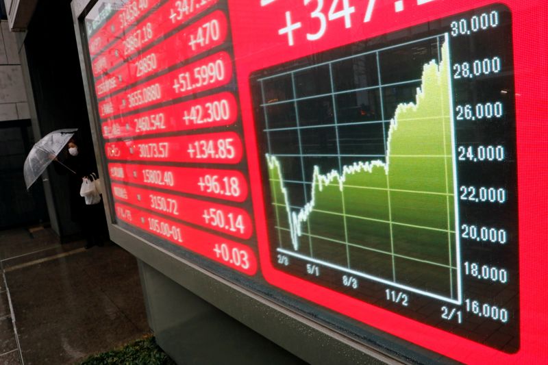 © Reuters. FILE PHOTO: A woman holding umbrella walks near an electric board showing Nikkei index at a brokerage in Tokyo