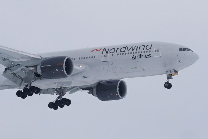 &copy; Reuters. A Boeing 777 plane owned by Russia&apos;s Nordwind Airlines lands outside Moscow