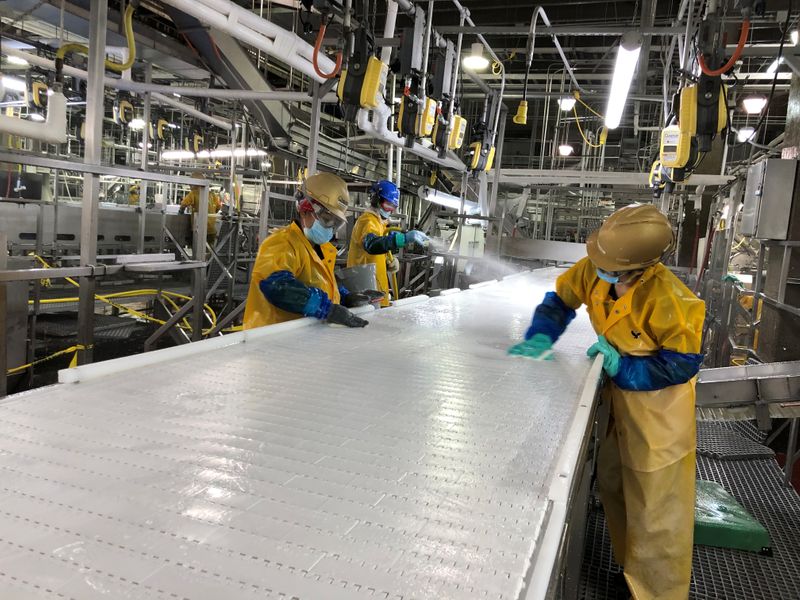 &copy; Reuters. Measures installed to help slow the spread of coronavirus at the Seaboard Foods pork processing plant in Guymon