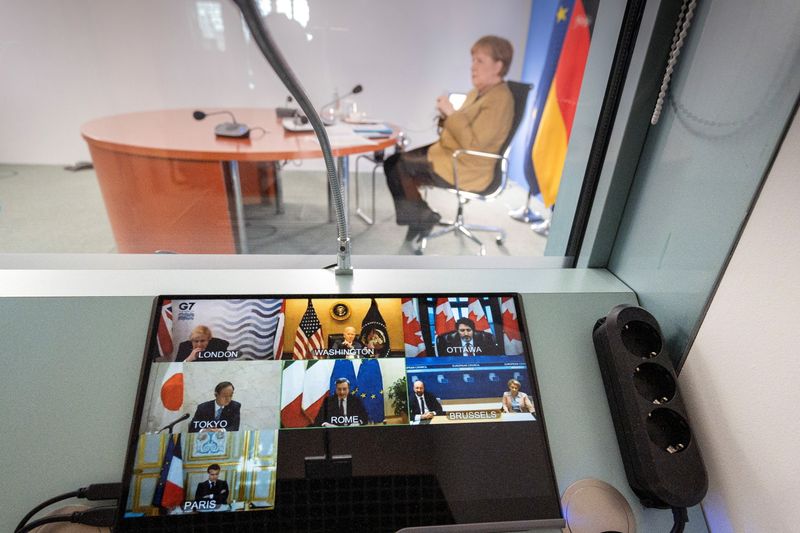 &copy; Reuters. Chanceler alemã, Angela Merkel, participa de reunião virtual do G7