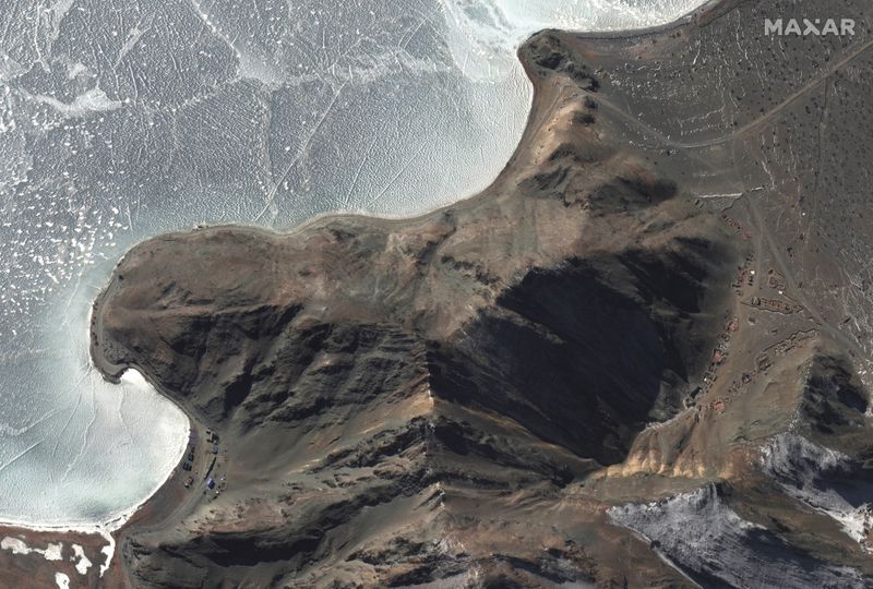&copy; Reuters. Overview of deployments along areas known as Finger 7 and Finger 8, at Pangong Tso, in this handout satellite image provided by Maxar dated January 30, 2021.