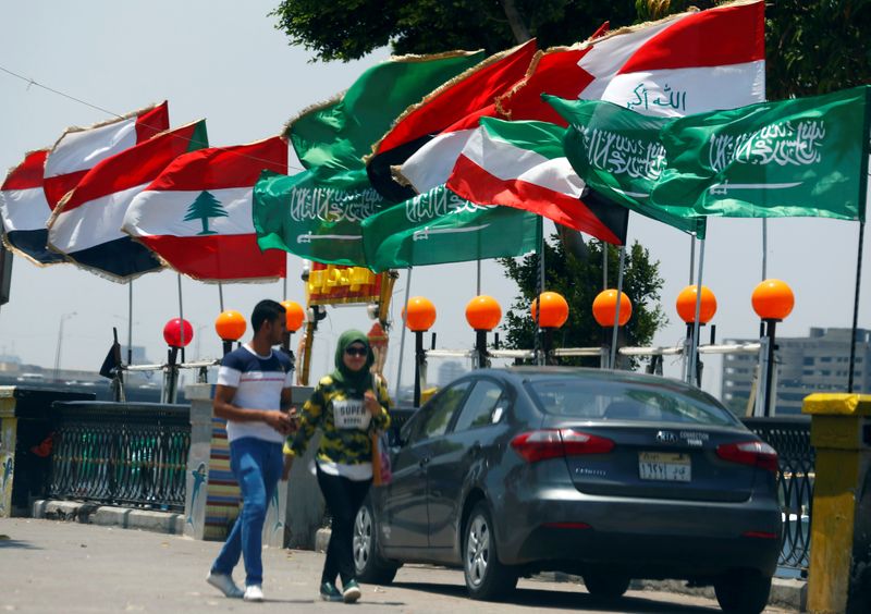 &copy; Reuters. FILE PHOTO: Flags of Arab states are seen along the Nile river ahead of a meeting of the foreign ministers of Egypt, Saudi Arabia, UAE, and Bahrain, in Cairo