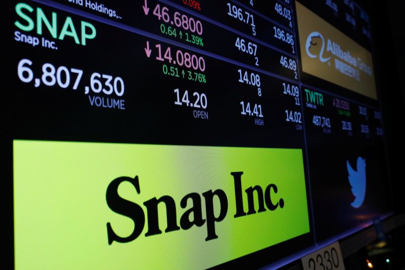 &copy; Reuters. A logo of Snap is displayed on a monitor above the floor of the New York Stock Exchange shortly after the opening bell in New York