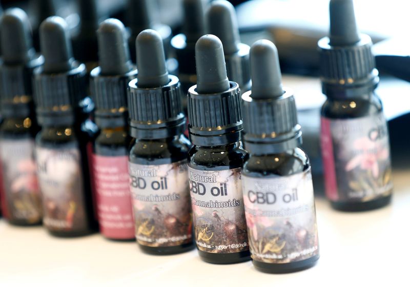 &copy; Reuters. FILE PHOTO: Cannabidiol (CBD) oil bottles of Swedish DeHolk AB company are pictured during the Cannabis Business Europe 2018 congress in Frankfurt