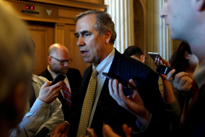 &copy; Reuters. FILE PHOTO: Senator Jeff Merkley (D-OR) speaks to reporters following leaving the Senate floor after delivering a 15 hour speech against Judge Neil Gorsuch on Capitol Hill Washington