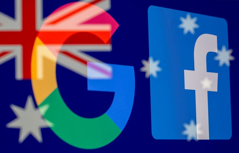 &copy; Reuters. Google and Facebook logos and Australian flag are displayed in this illustration taken