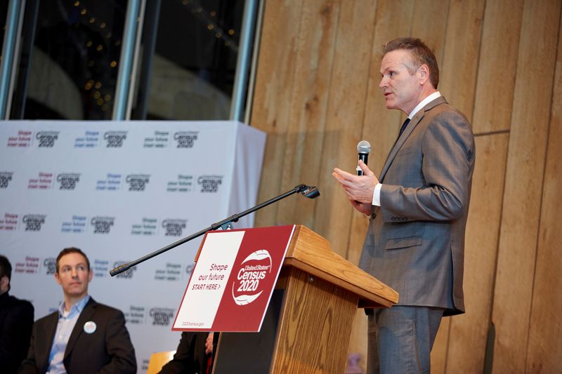 © Reuters. Governor of Alaska, Mike Dunleavy, speaks at the 2020 Census kickoff held at the Alaska Native Heritage Center in Anchorage
