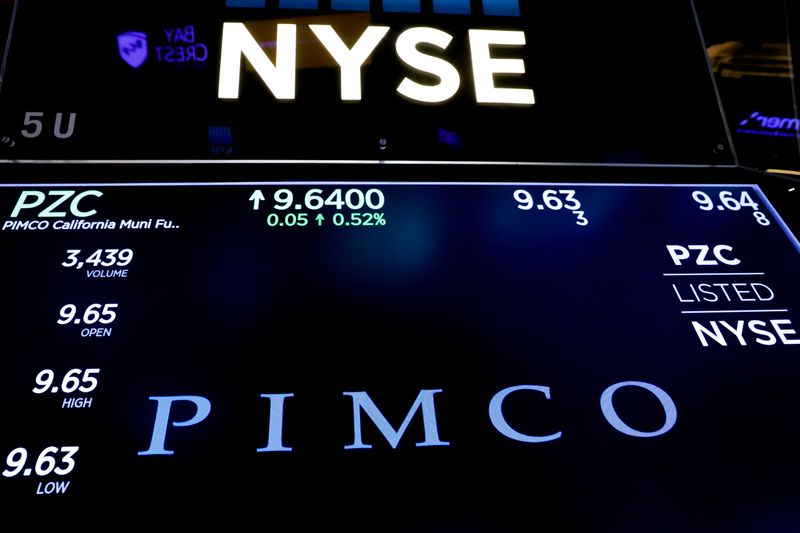 &copy; Reuters. Ticker and trading information for PIMCO are displayed on a screen at NYSE in New York