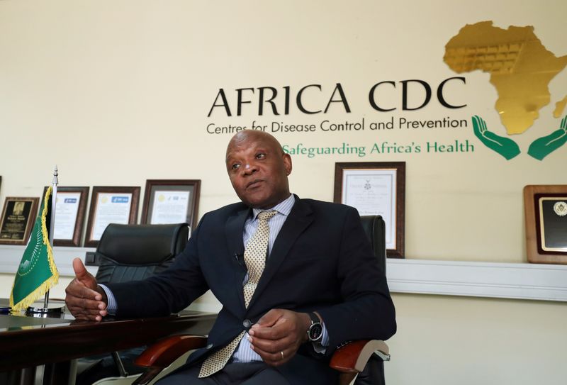 © Reuters. FILE PHOTO: John Nkengasong, Africa's Director of the Centers for Disease Control, speaks during an interview with Reuters at the African Union Headquarters in Addis Ababa