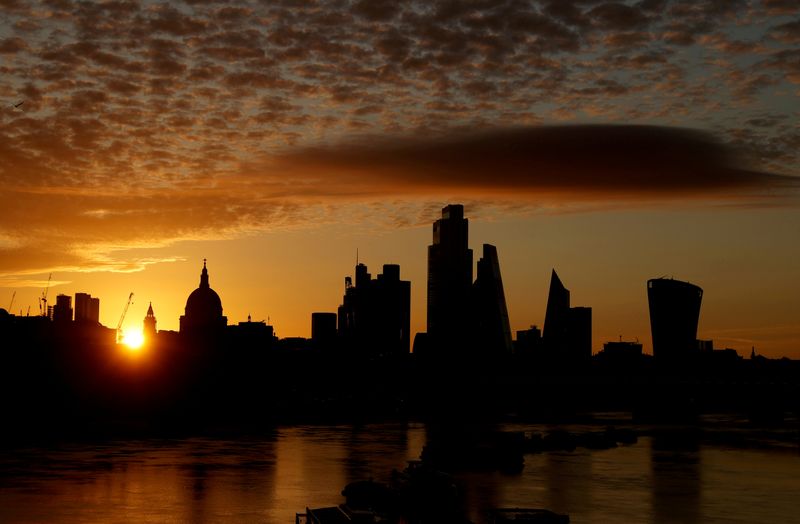 &copy; Reuters. FILE PHOTO: The sun rises behind the skyline of St Paul&apos;s Cathedral and the City of London, in London