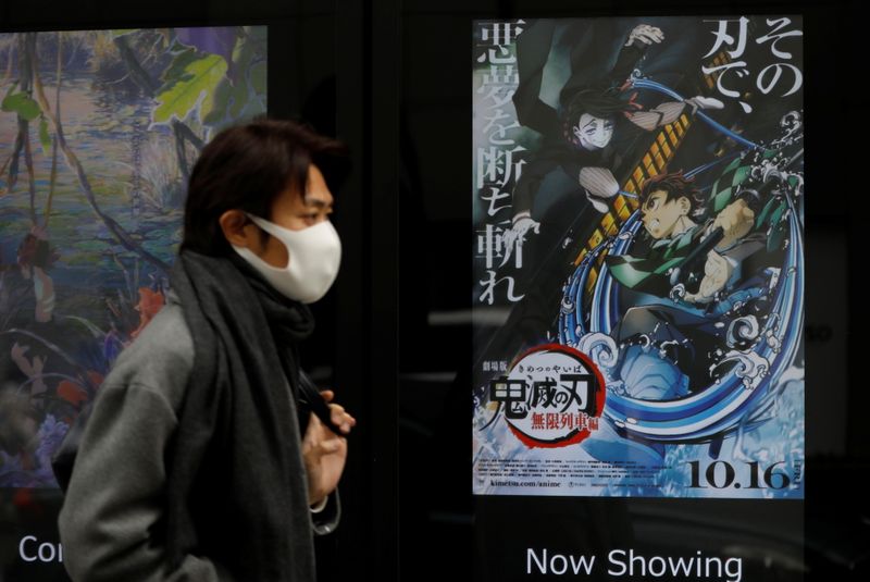 &copy; Reuters. A man wearing a protective mask amid the coronavirus disease (COVID-19) outbreak walks past a poster for an animated movie &quot;Demon slayer&quot; in front of a movie theatre in Tokyo