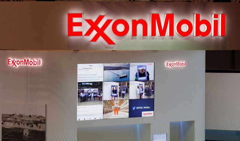 &copy; Reuters. Logos of ExxonMobil are seen in its booth at Gastech, the world&apos;s biggest expo for the gas industry, in Chiba
